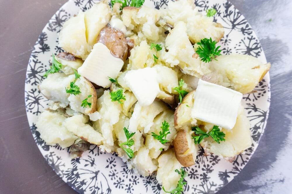The Instant Pot Mashed potatoes on a plate ready for serving.
