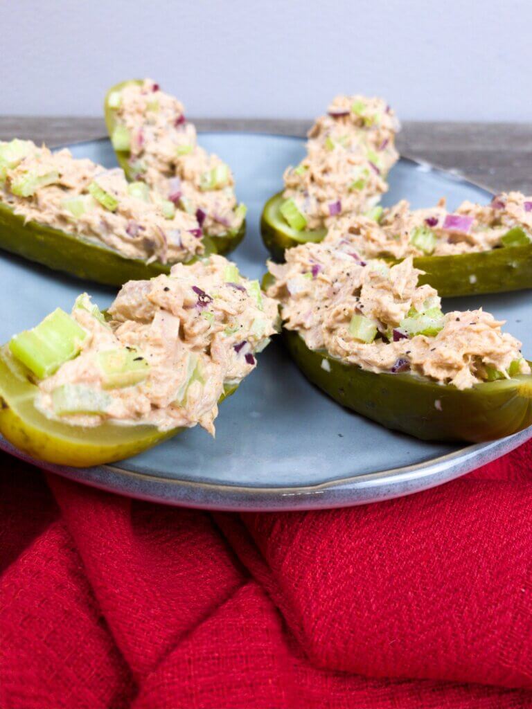 Tuna Salad Pickle Boats on a platter