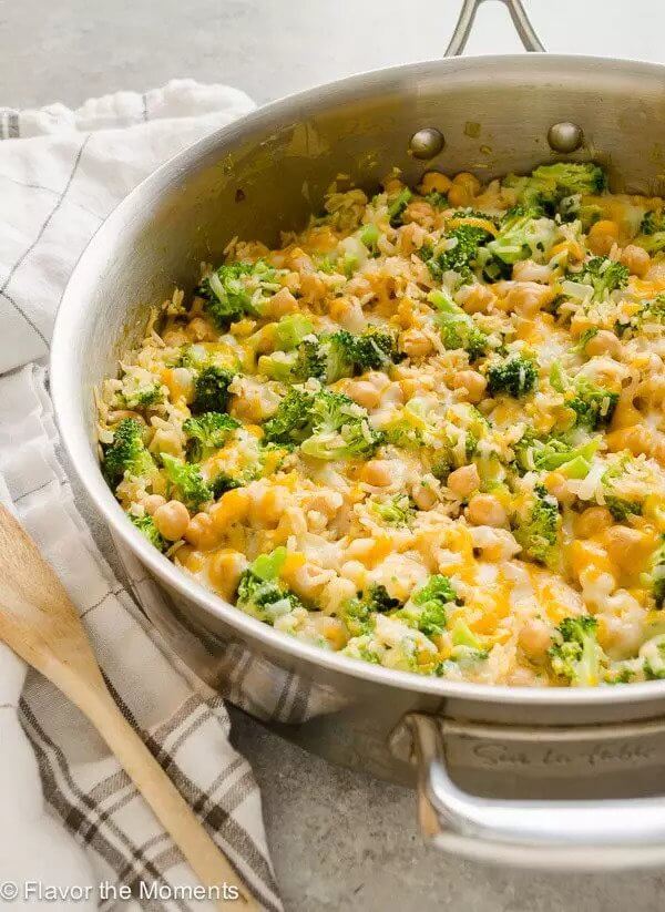 cheesy broccoli chickpea rice casserole in a pan.