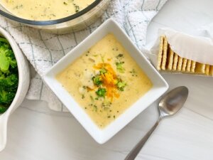 Broccoli Cheese Soup in a white bowl,